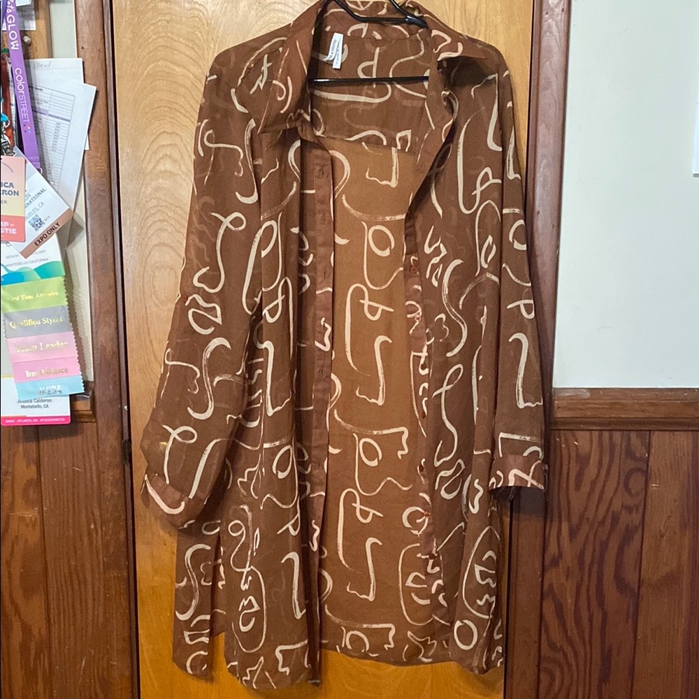 Brown Sheer Abstract Patterned Collared Dress Or … - image 1